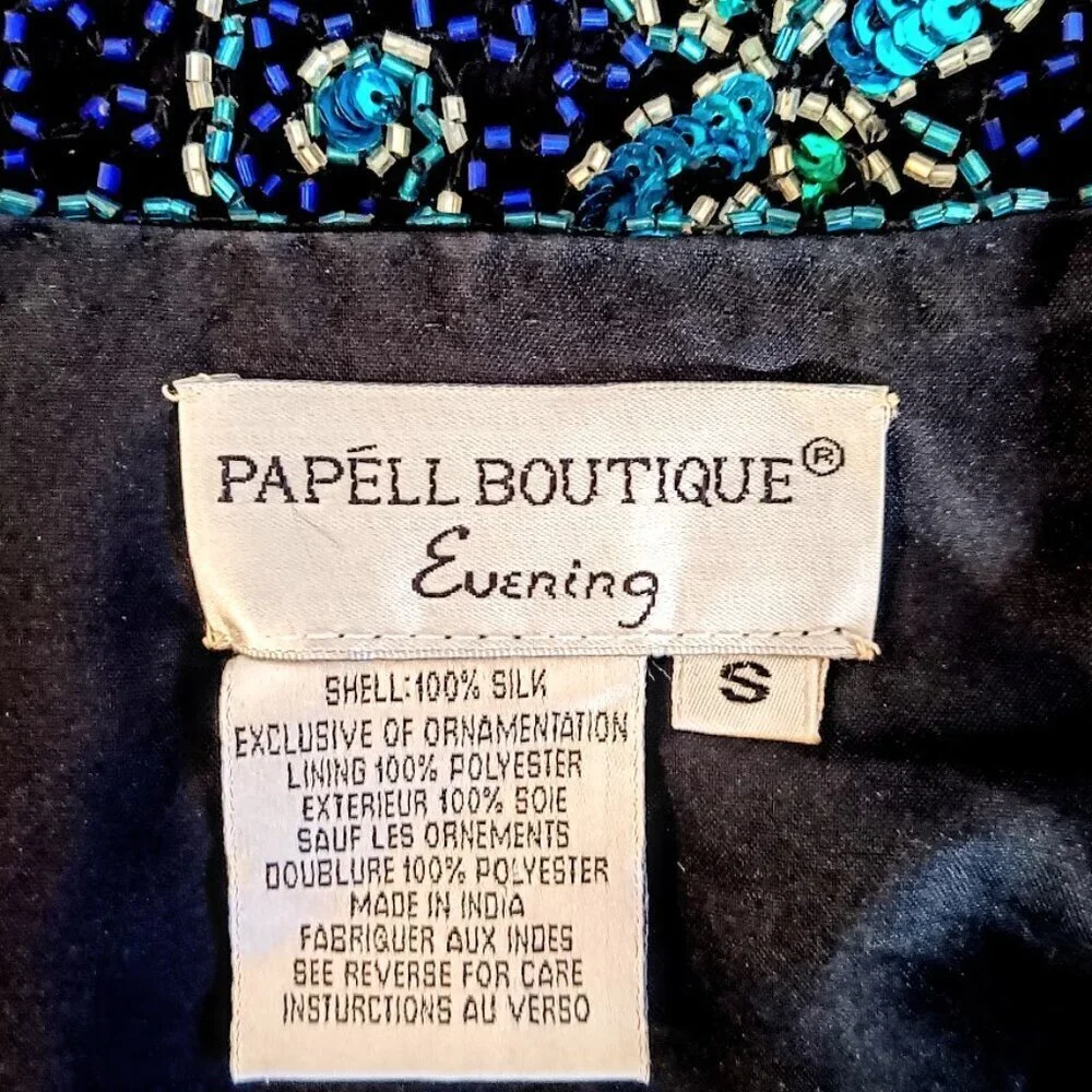 Vintage Papell Boutique Evening Black Blue Teal Beaded Sequin Jacket